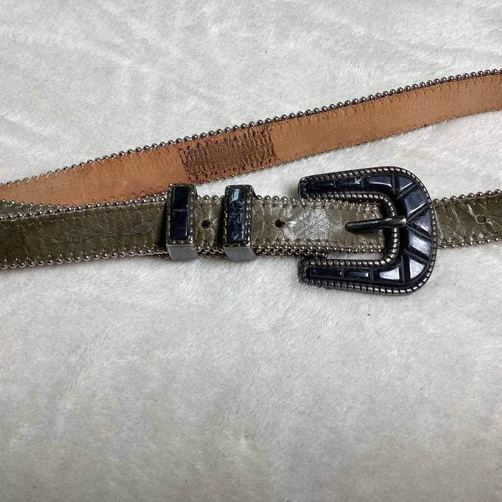 Olive Green Leather Western Belt Silver Ball Chain Trim Stone Buckle Small